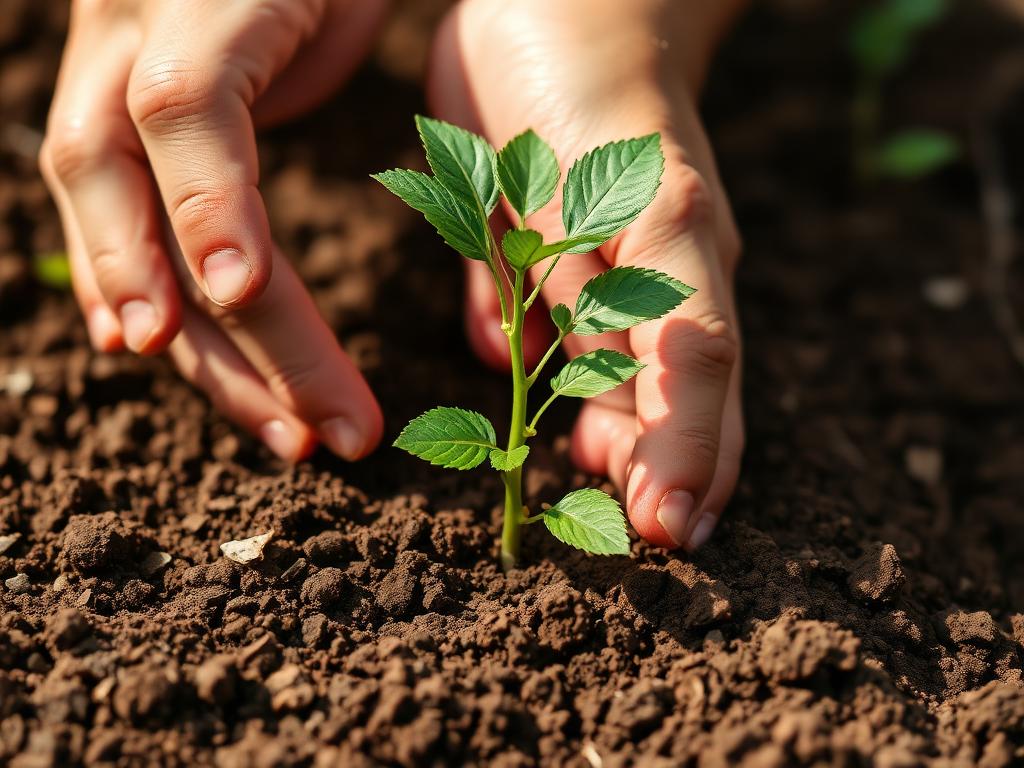 Mãos plantando uma muda de árvore nativa no solo
