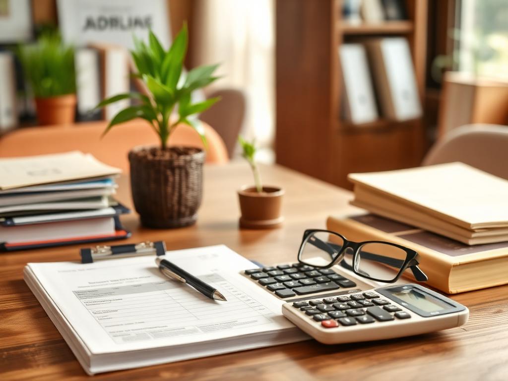 Mesa de escritório com calculadora, livros contábeis e plantas