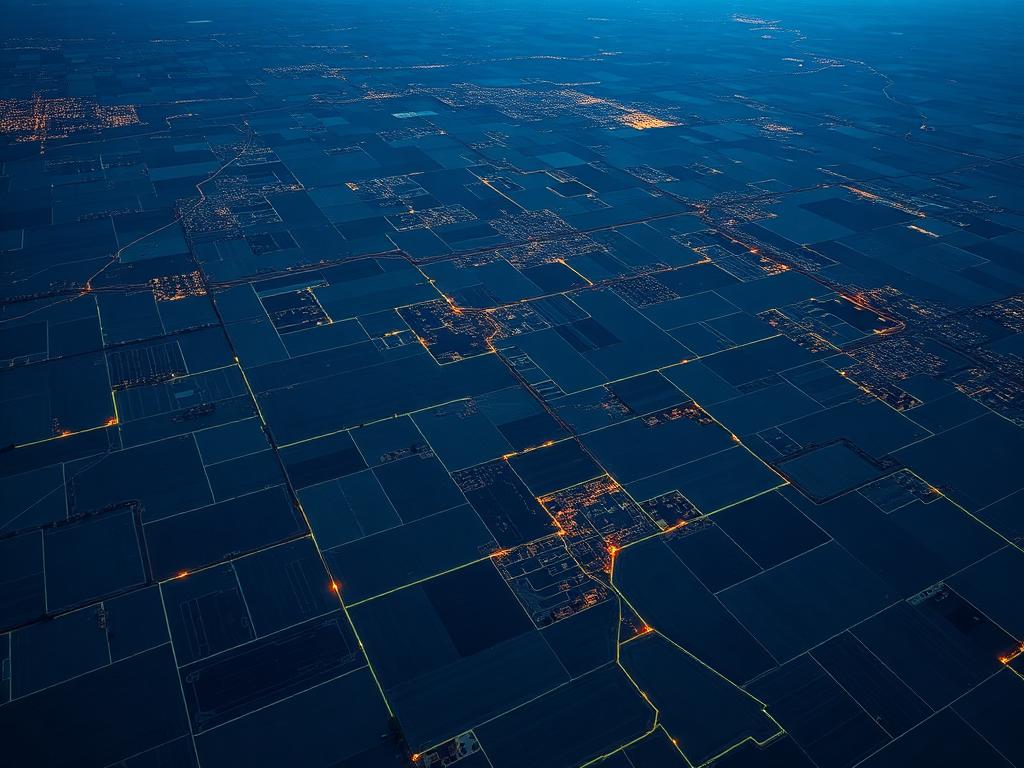 Talhões agrícolas vistos de satélite com malha de dados luminosa