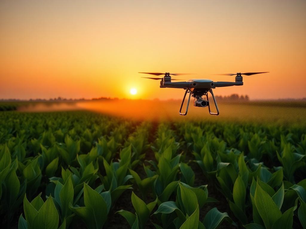 Drone sobrevoando lavoura verde ao pôr do sol