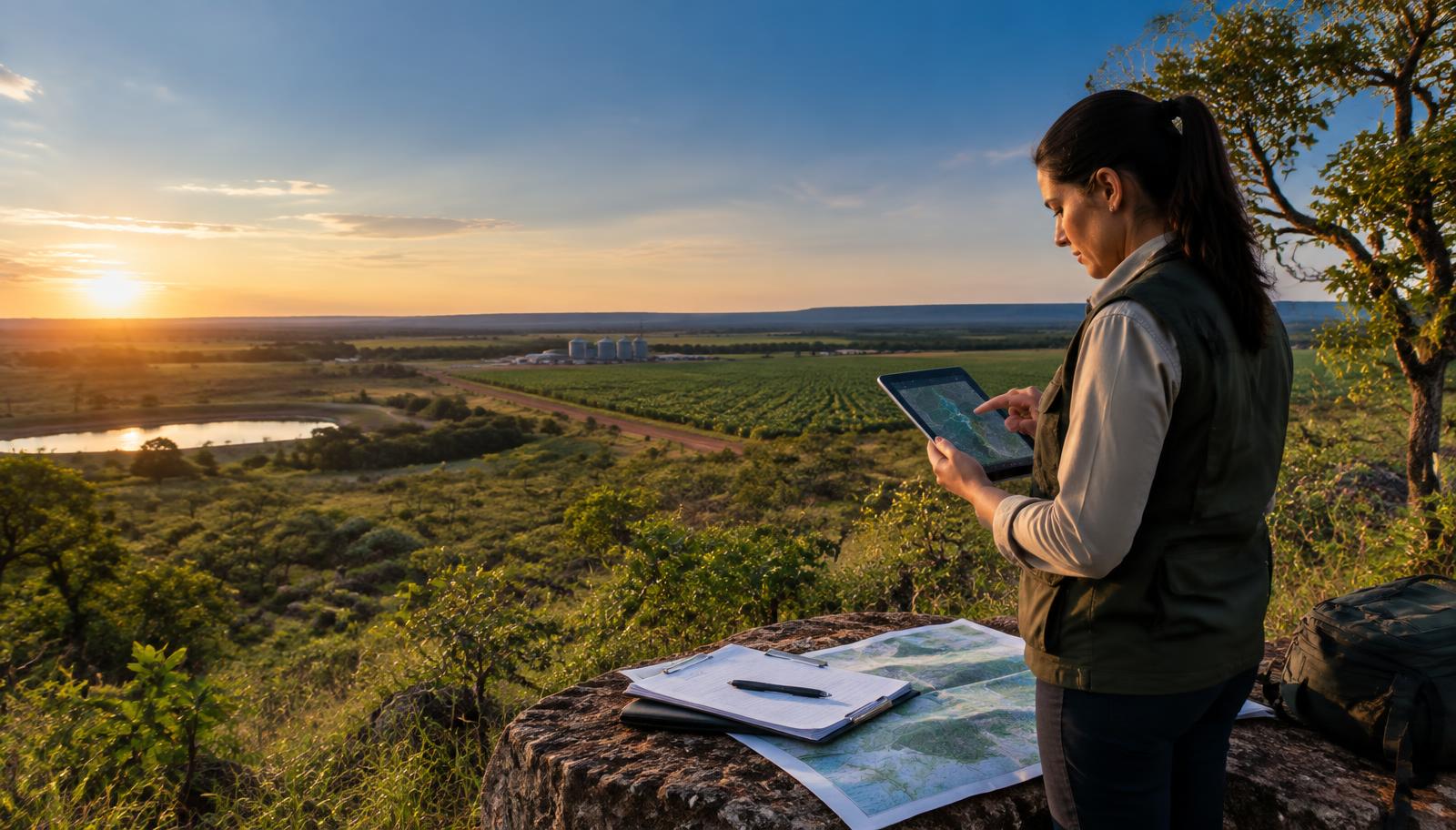Especialista ambiental analisando uma propriedade rural em campo